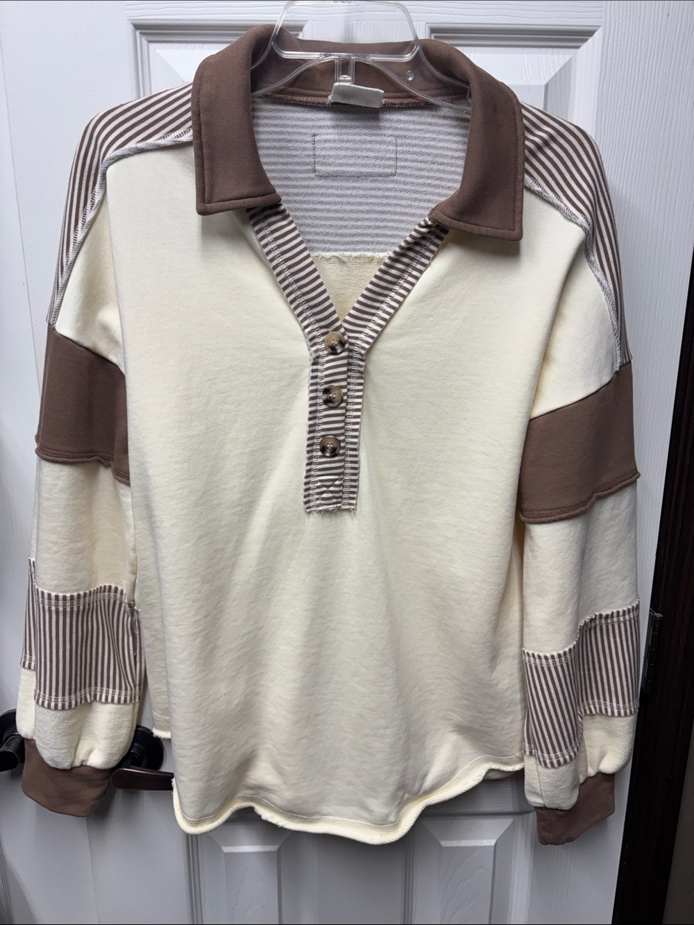 Cream & Brown Striped Collar Polo Sweatshirt